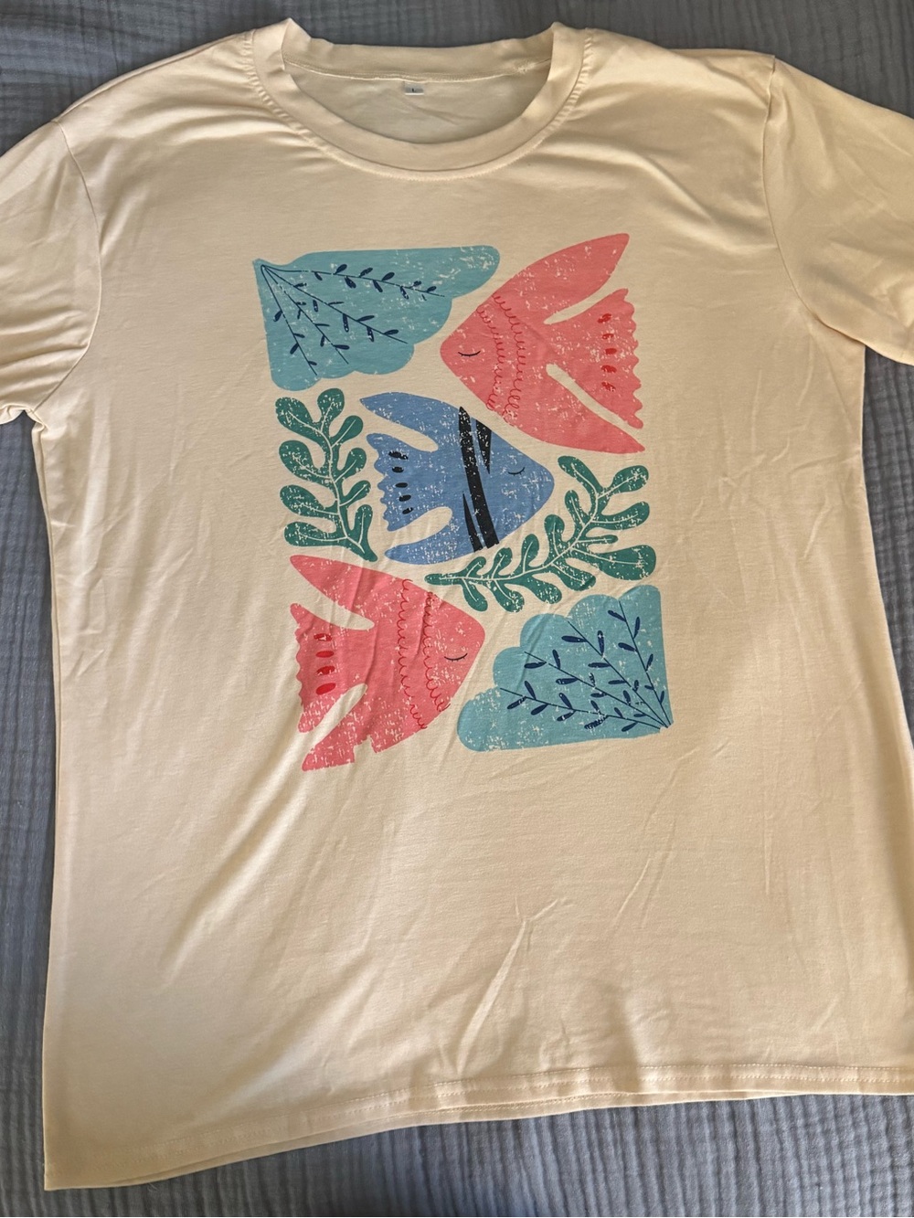 NWOT Folk Art Fish Graphic Tee Cream Coastal Boho Unisex Size Large